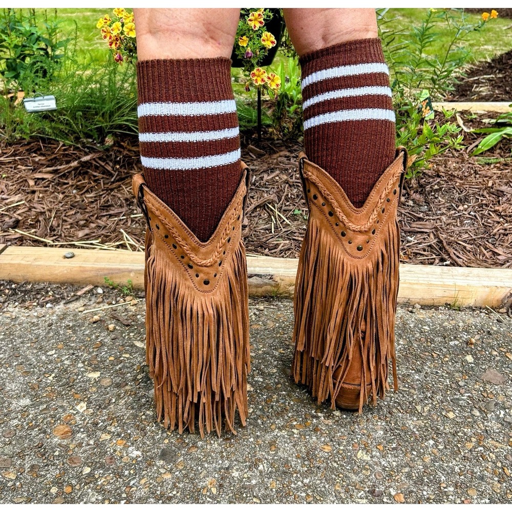 Liberty Black Tan Leather Fringe Western Boots LB-71124 Studded Pointed Toe 8 - Picture 5 of 8